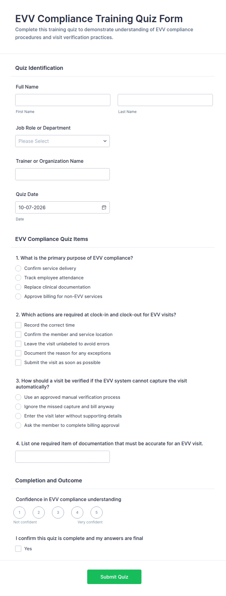 EVV Compliance Training Quiz Form Template | Jotform