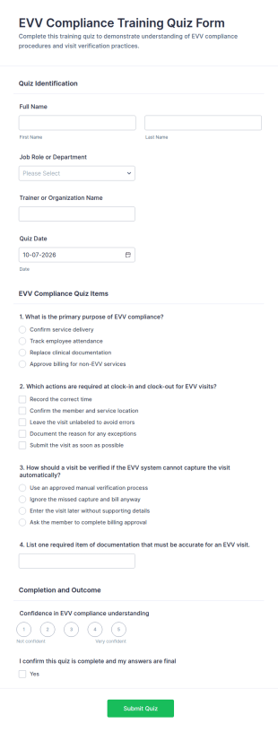 EVV Compliance Training Quiz Form Template