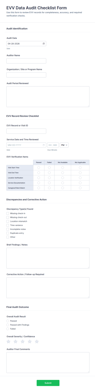 EVV Data Audit Checklist Form Template