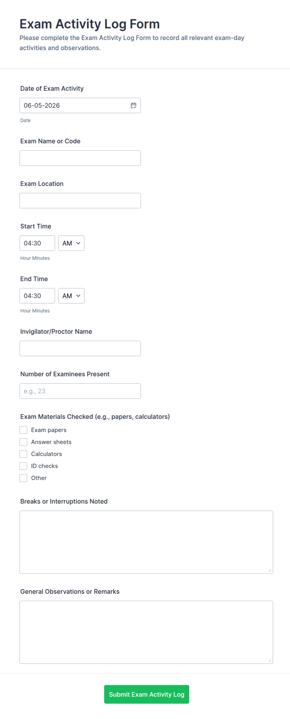 Examination Log Exam Activity Log Form Template | Jotform