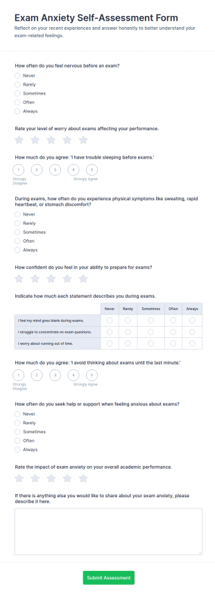 Exam Anxiety Self Assessment Form Template