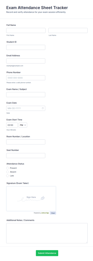 Exam Attendance Sheet Tracker Form Template
