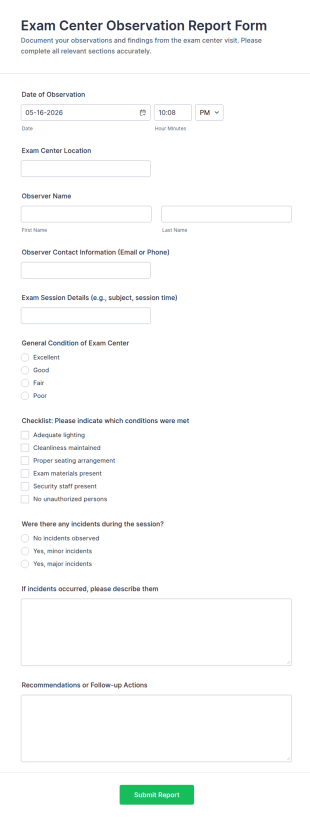Exam Center Observation Report Form Template