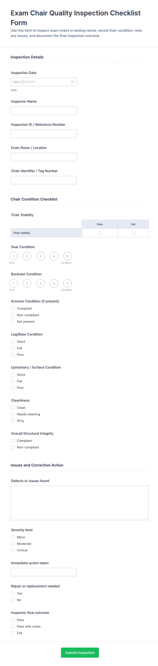 Exam Chair Quality Inspection Checklist Form Template