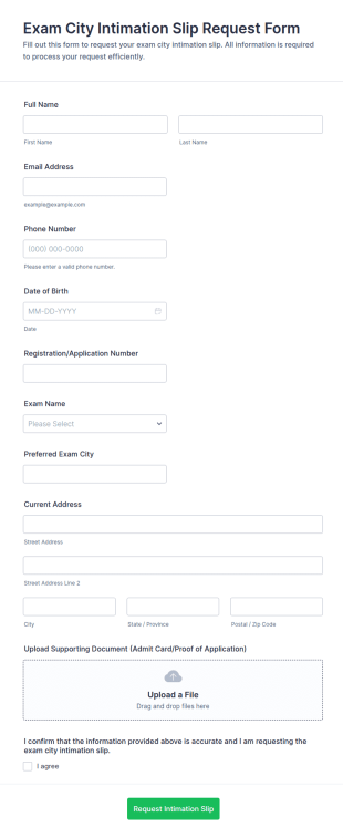Exam City Intimation Slip Request Form Template