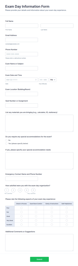 Exam Day Information Form Template
