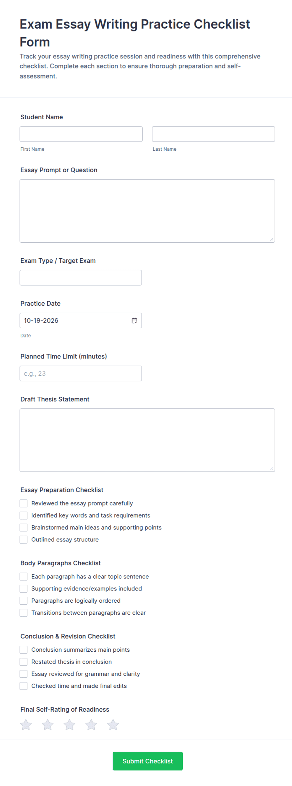 Exam Essay Writing Practice Checklist Form Template | Jotform