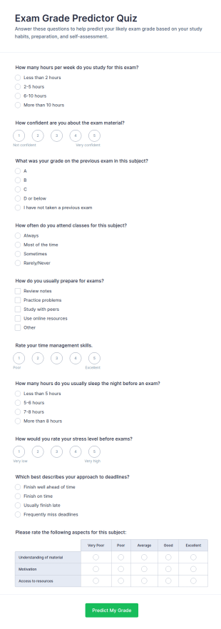 Exam Grade Predictor Quiz Form Template