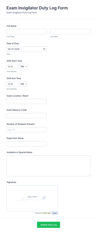 Exam Invigilator Duty Log Form Template