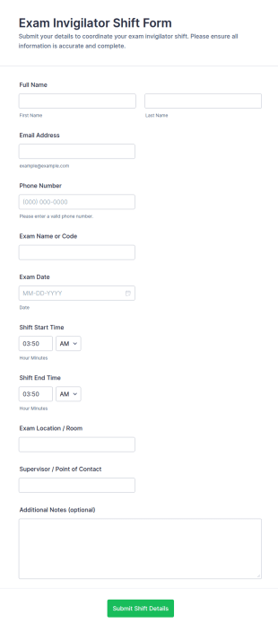 Exam Invigilator Shift Form Template