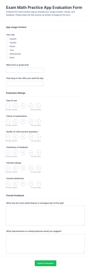 Exam Math Practice App Evaluation Form Template