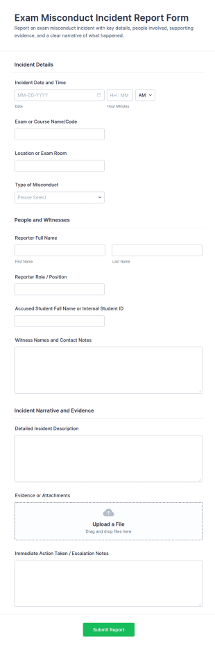 Exam Misconduct Incident Report Form Template