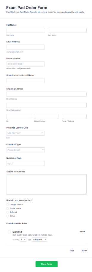 Exam Pad Order Form Template