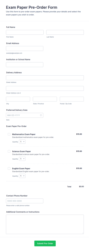 Exam Paper Pre Order Form Template