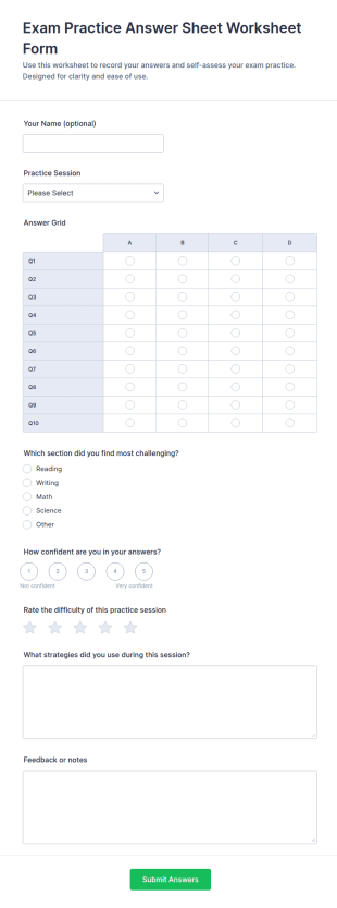 Exam Practice Answer Sheet Worksheet Form Template