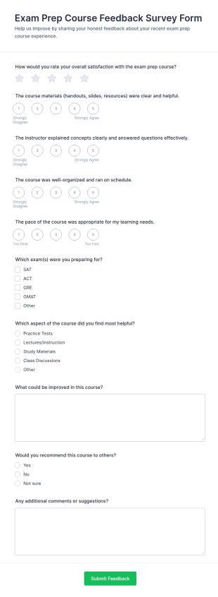 Exam Prep Course Feedback Survey Form Template