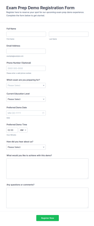 Exam Prep Demo Registration Form Template
