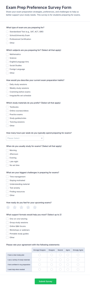 Exam Prep Preference Survey Form Template
