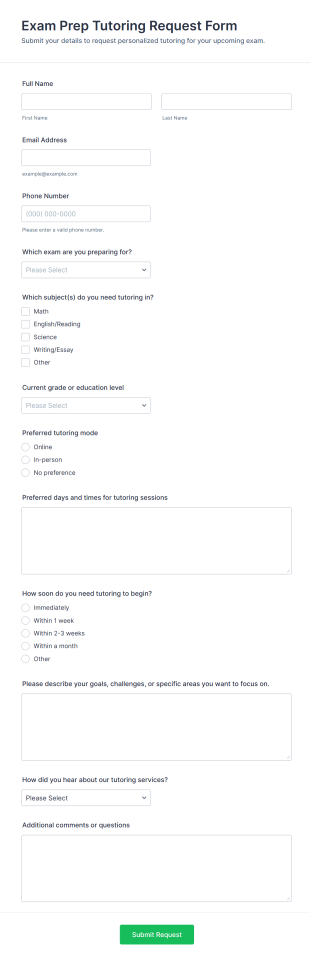 Exam Prep Tutoring Request Form Template