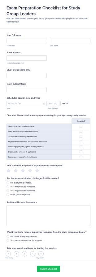 Exam Preparation Checklist For Study Group Leaders Form Template