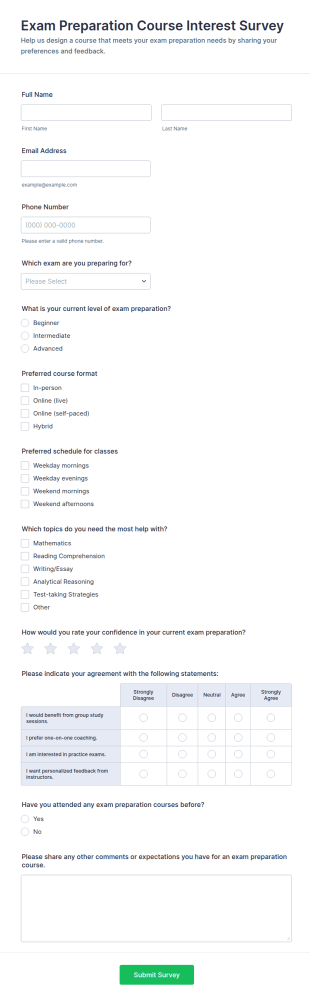 Exam Preparation Course Interest Survey Form Template