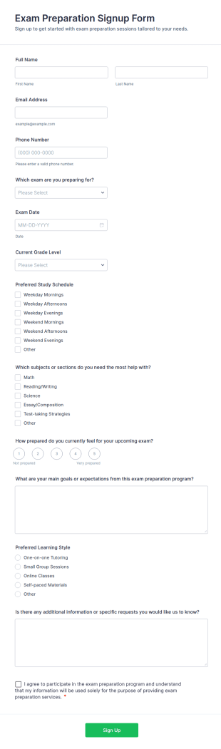Exam Preparation Signup Form Template