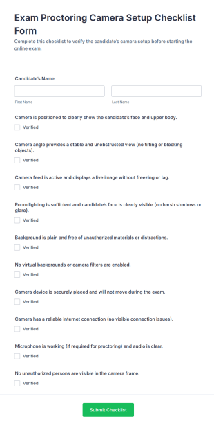 Exam Proctoring Camera Setup Checklist Form Template