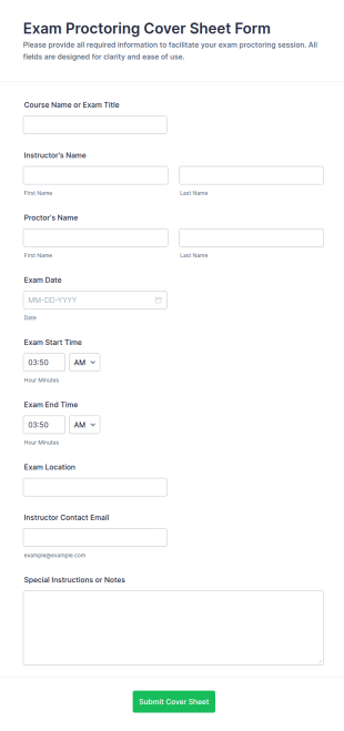 Exam Proctoring Cover Sheet Form Template