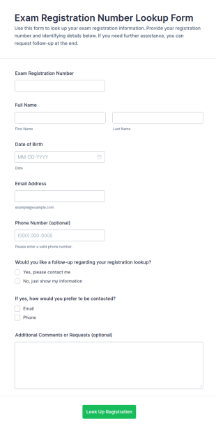 Exam Registration Number Lookup Form Template