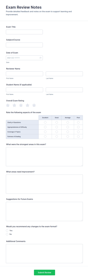 Exam Review Notes Form Template