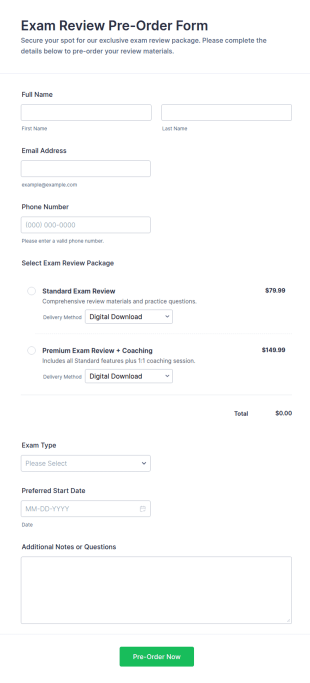 Exam Review Pre Order Form Template