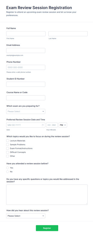 Exam Review Session Registration Form Template