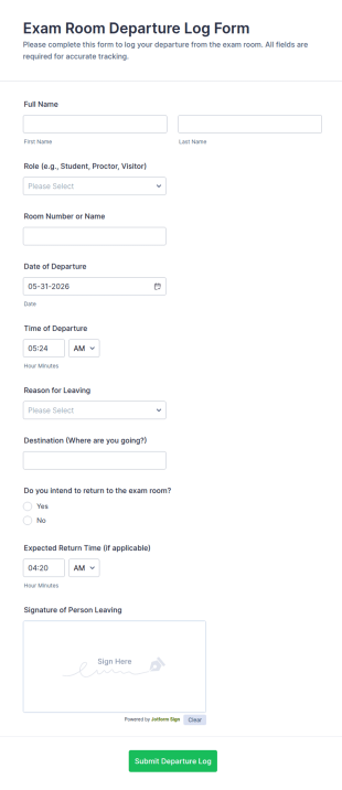 Exam Room Departure Log Form Template