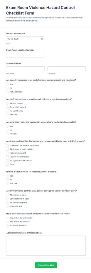 Exam Room Violence Hazard Control Checklist Form Template