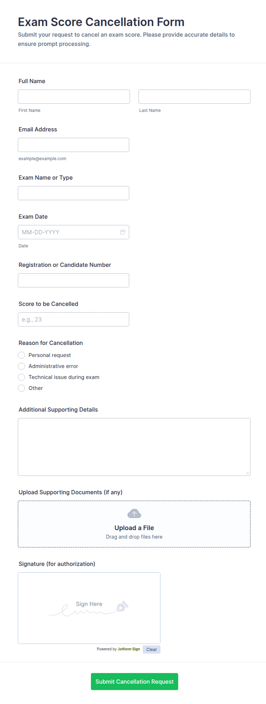 Exam Score Cancellation Form Template | Jotform