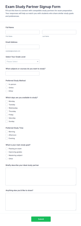 Exam Study Partner Signup Form Template