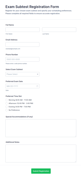 Exam Subtest Registration Form Template