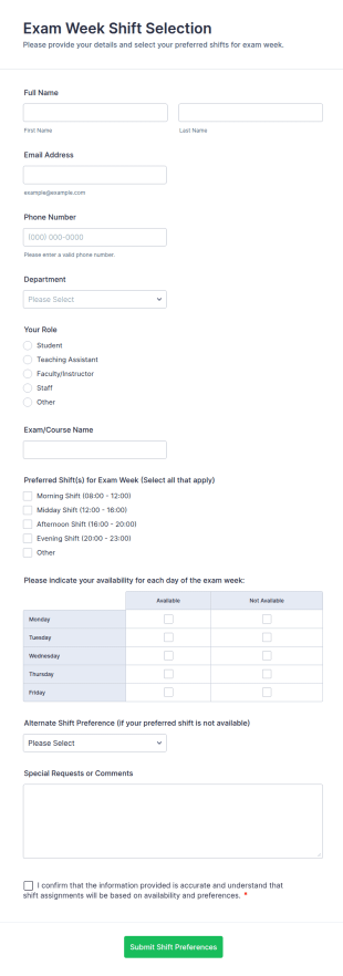 Exam Week Shift Selection Form Template