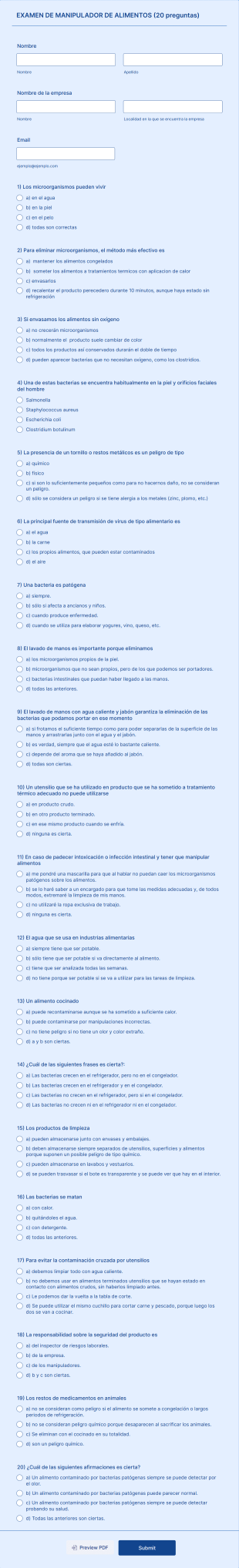 EXAMEN DE MANIPULADOR DE ALIMENTOS (20 Preguntas) Form Template