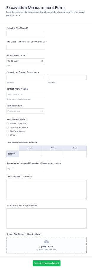 Excavation Measurement Form Template