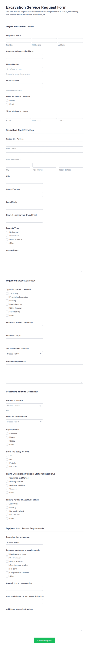 Excavation Service Request Form Template