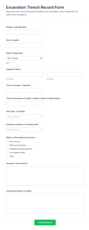 Excavation Trench Record Form Template