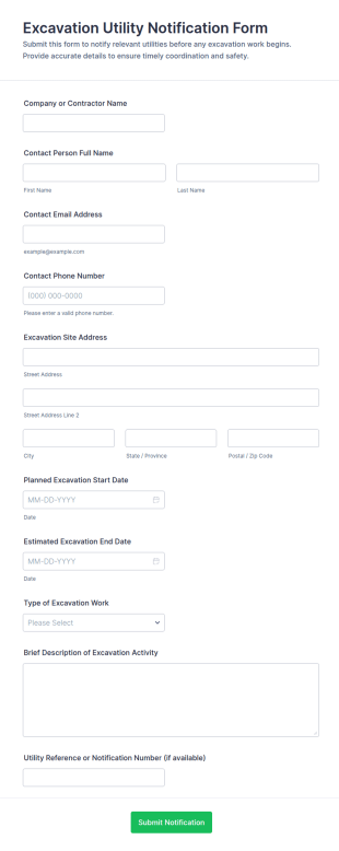Excavation Utility Notification Form Template