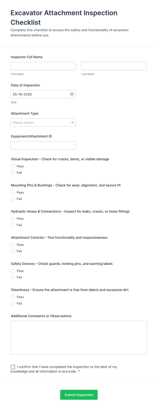 Excavator Attachment Inspection Checklist Form Template