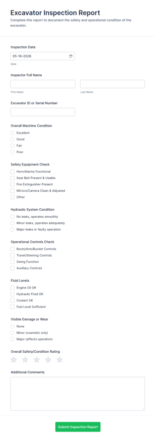 Excavator Inspection Report Form Template