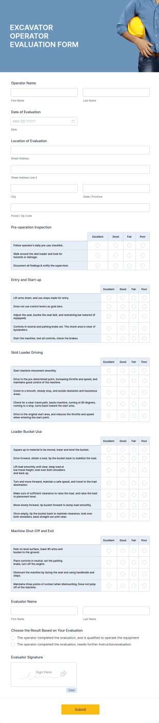 Excavator Operator Evaluation Form Template