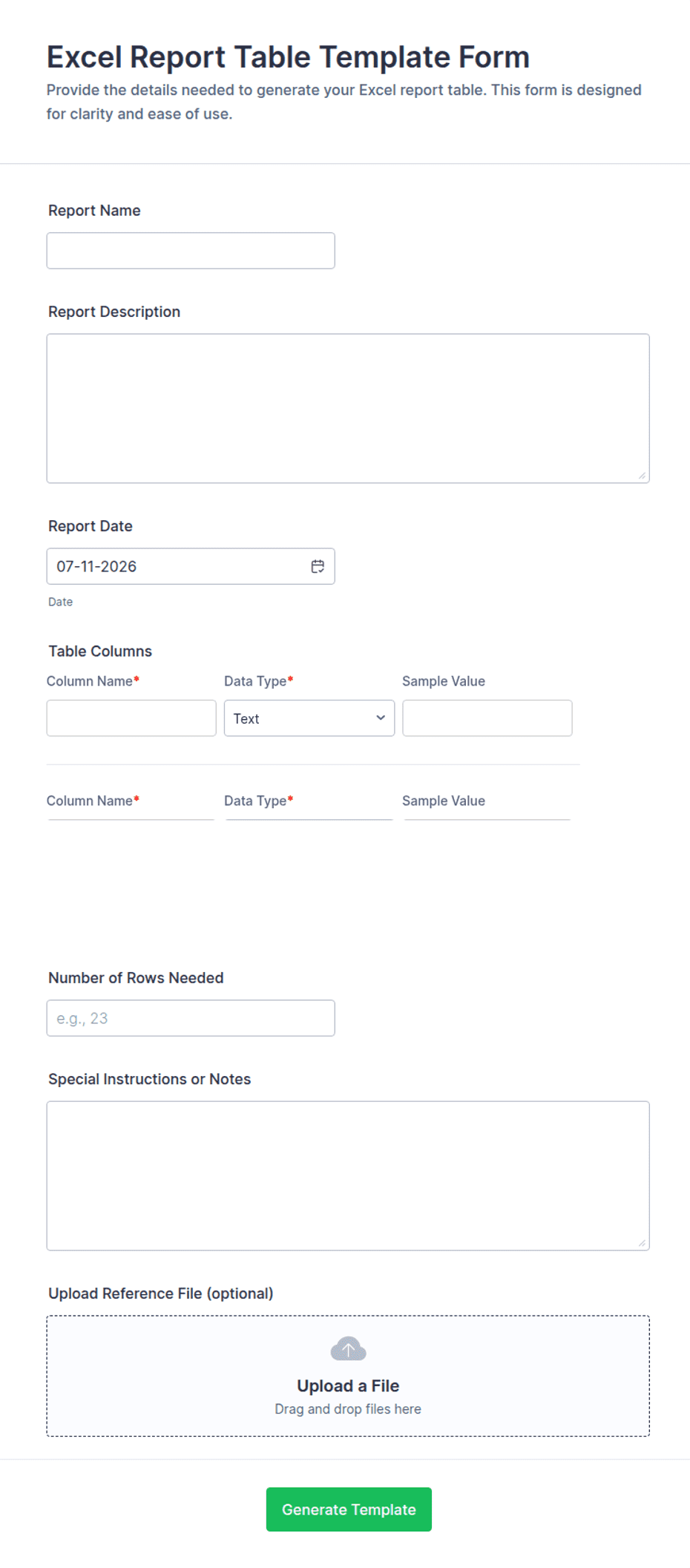 Excel Report Table Template Form | Jotform