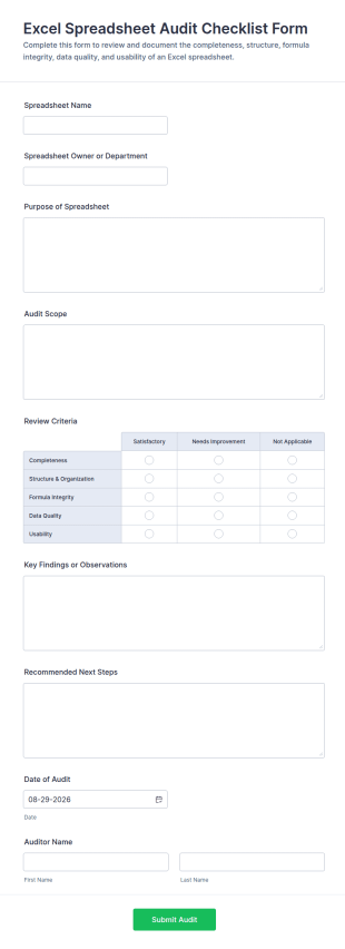 Excel Spreadsheet Audit Checklist Form Template