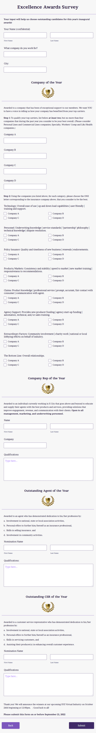 Excellence Awards Survey Form Template