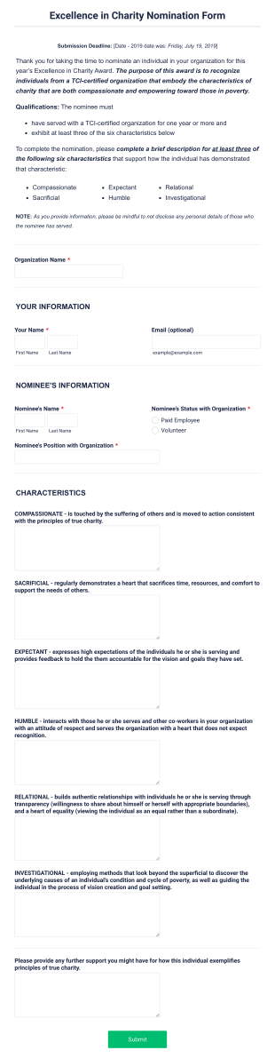 Excellence In Charity Award 2020 Nomination Form Template
